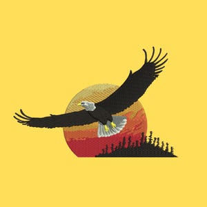 Diseño de bordado de águila majestuosa al atardecer, archivo para máquina de coser de vida silvestre, patrón de paisaje natural.