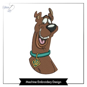 May include: A machine embroidery design featuring a brown cartoon dog with large white eyes, a black nose, and a wide grin. The dog wears a teal collar with a gold-colored diamond-shaped tag displaying the letters SD. The text Stitch Lab appears.