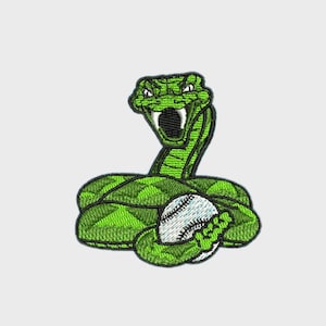 May include: Embroidered patch featuring a green snake with an open mouth, holding a baseball. The snake has a diamond pattern on its body and white fangs. The baseball is white with black stitching.