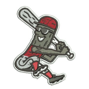 May include: An embroidered patch featuring a cartoon character with a grey body, wearing a red baseball cap and black sunglasses, holding a white baseball bat over its shoulder. The character wears a red shirt, white trousers, red socks, and black cleats.