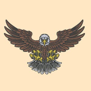 May include: An embroidered patch featuring a bald eagle with wings spread wide in flight. The eagle has brown feathers, a white head, a yellow beak, and prominent yellow talons with dark claws. The design is outlined in black thread.