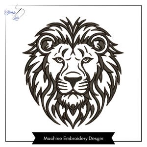 May include: A black machine embroidery design featuring a stylized lion head with a thick, flowing mane. The design includes the text Stitch Lab in the top left corner and the text Machine Embroidery Desgin on a black banner at the bottom.