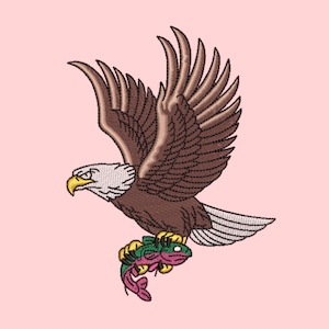 May include: An embroidered patch featuring a brown eagle with a white head and yellow beak in flight, clutching a green and pink fish with yellow fins in its talons. The design uses detailed stitching to define the feathers and fish scales.