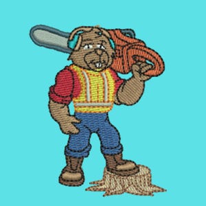 Puede incluir: Parche bordado con un castor de dibujos animados vestido de leñador, con un chaleco de seguridad amarillo y vaqueros azules. El castor lleva una motosierra sobre el hombro y está de pie sobre un tocón. El fondo es azul claro.