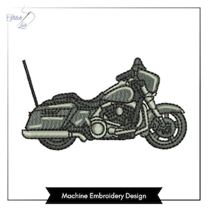 May include: A machine embroidery design featuring a dark gray motorcycle in profile. The graphic shows a touring motorcycle with a tall antenna, saddlebags, and detailed engine components. The text Stitch Lab appears in the top left corner.