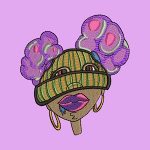 Afro Woman Face Embroidery Design, Purple Bubble Hair, Urban Streetwear Patch (Instant Download)