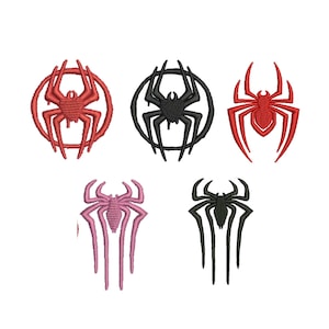 May include: Five embroidered spider patches. The top row features a red spider in a circle, a black spider in a circle, and a red spider. The bottom row features a pink spider with long legs and a black spider with long legs, all with textured stitching.