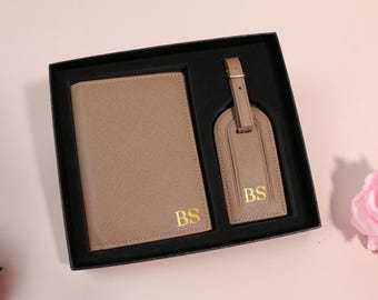 Monogrammed Leather Passport Cover and Luggage Tag Set | Personalized Travel Gift