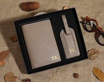 Cartera de cuero personalizada para pasaporte y etiqueta para equipaje