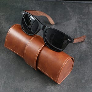 Handcrafted Wooden Arm Sunglasses with Black Frame & Brown Leather Case – Classic Unisex Style