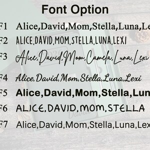 Puede incluir: Imagen que muestra opciones de fuente para art&iacute;culos personalizados. Se muestran siete estilos de fuente, cada uno con una lista de nombres de muestra: Alice, David, Mom, Stella, Luna y Lexi. El texto es negro sobre un fondo claro.