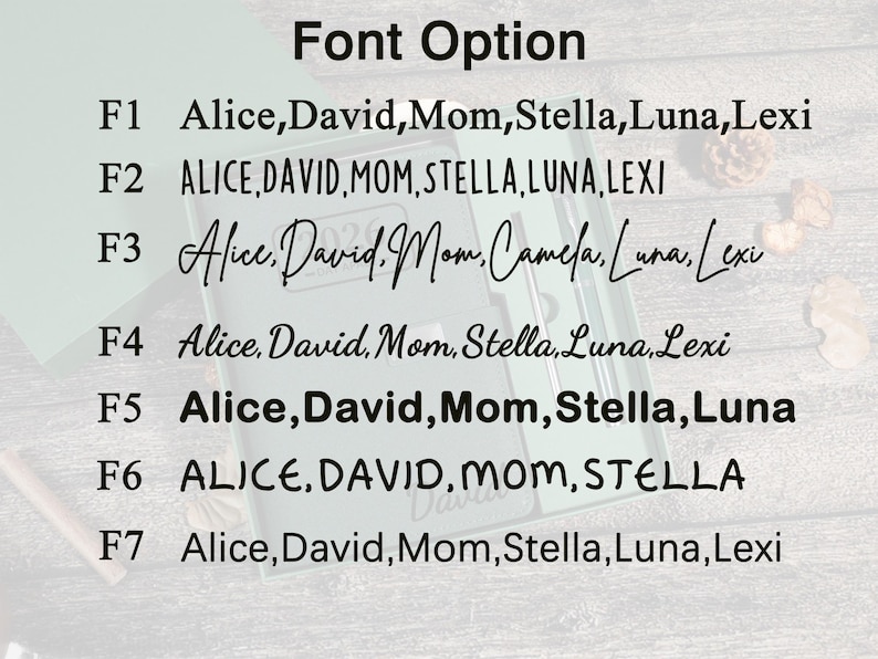 Puede incluir: Imagen que muestra opciones de fuente para art&iacute;culos personalizados. Se muestran siete estilos de fuente, cada uno con una lista de nombres de muestra: Alice, David, Mom, Stella, Luna y Lexi. El texto es negro sobre un fondo claro.
