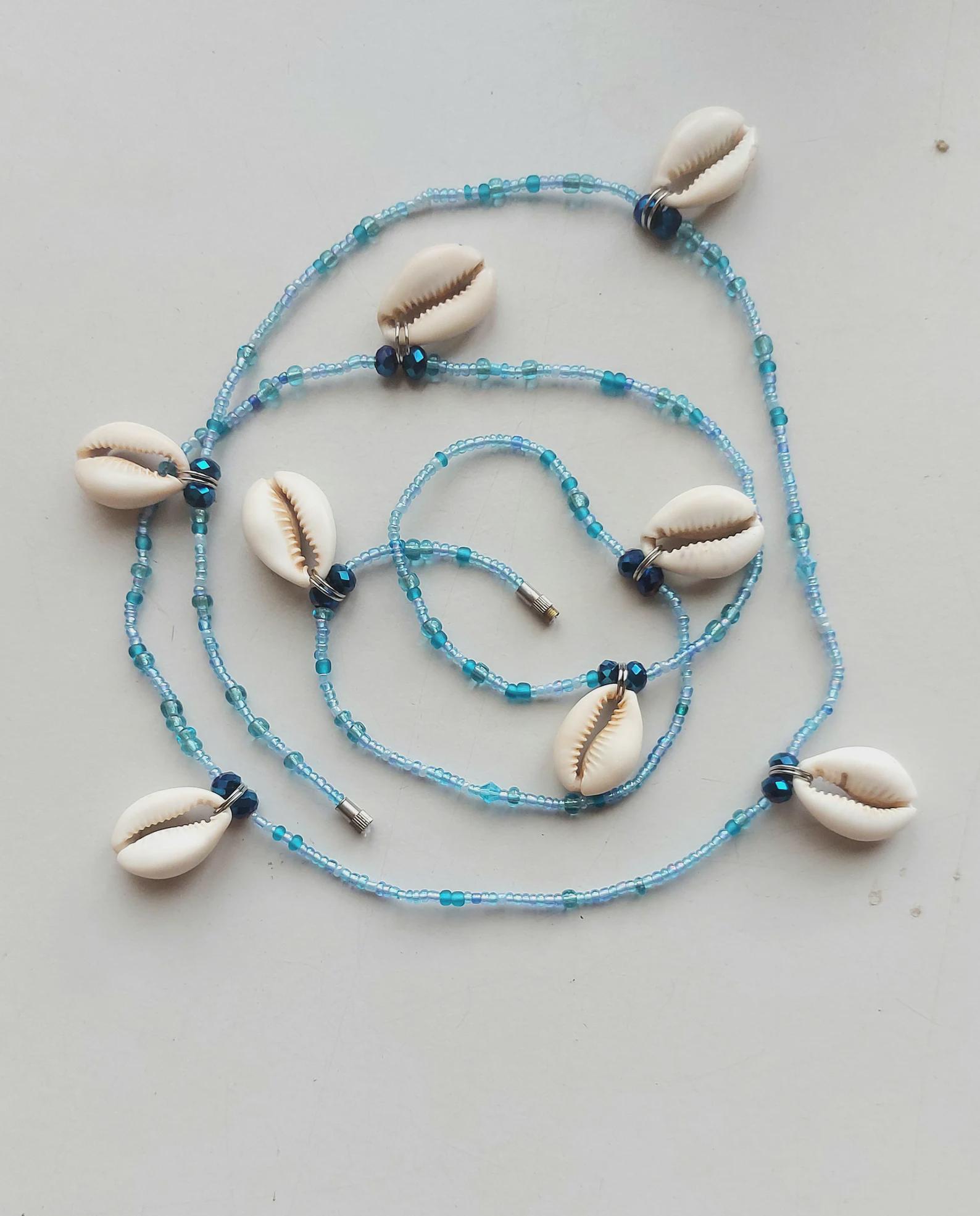 Light Blue Waist Beads With Cowrie Shell Charms, Belly Chain 