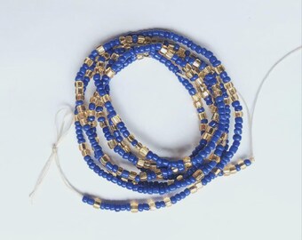 Authentic Ghanaian Elastic Waist Beads, Tie on Style, Blue and Gold Color