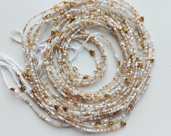 White and Gold Waist Beads: African Belly Chain with Charms, Authentic Ghanaian Body Jewelry