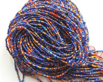 Blue, Orange and Brass Waist Beads with Crystal, Authentic Ghanaian Beaded Body Jewelry