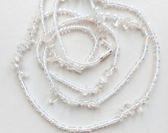 Iridescent translucent waist beads with clear quartz stone, with or without clasp
