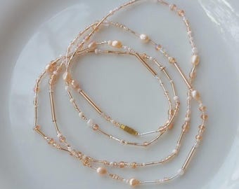 Japanese Miyuki Waist Beads with Freshwater Pearls, Exclusive Limited Edition, Champagne Color
