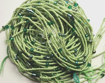 Spring Green Waist Beads with Crystal, Authentic Ghanaian Beaded Body Jewelry