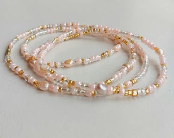 Peachy Pink Waist Beads with Freshwater Pearls, Exclusive Design