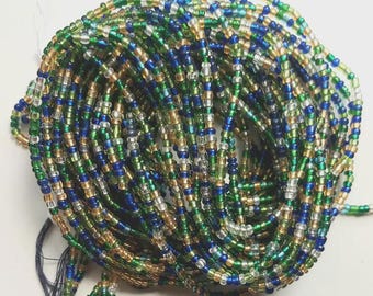 Green, Blue, Bold and Translucent White Waist Beads, Authentic Ghanaian Beaded Body Jewelry
