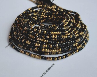 Black and Brass Waist Beads with Crystal, Authentic Ghanaian Beaded Body Jewelry
