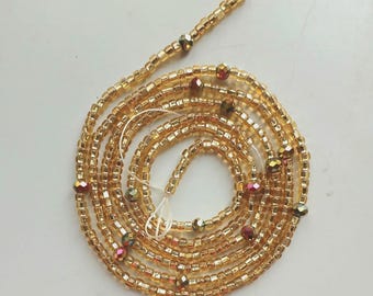 Authentic Ghanaian Elastic Waist Beads with Crystal, Tie on Style, Gold Color