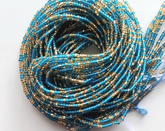 Frosted Bright Blue and Gold Waist Beads, Authentic Ghanaian Beaded Body Jewelry #42
