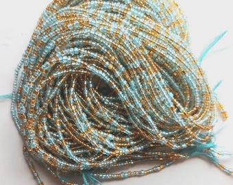 Aqua Color and Gold Waist Beads, Authentic Ghanaian Beaded Body Jewelry