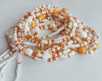 Orange and Cream Waist Beads with Natural Stones, Authentic Ghanaian Beaded Body Jewelry, Exclusive Design