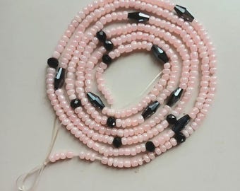 Authentic Ghanaian Elastic Waist Beads with Crystal, Tie on Style, Pink
