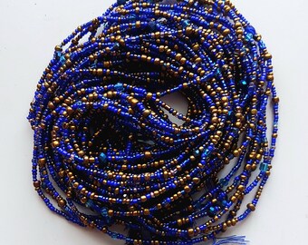 Blue and Brass Waist Beads with Crystal, Authentic Ghanaian Beaded Body Jewelry #31