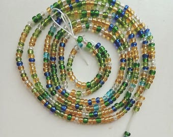 Authentic Ghanaian Elastic Waist Beads, Tie on Style, Green Blue and Gold