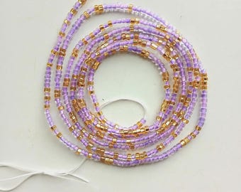 Authentic Ghanaian Elastic Waist Beads, Tie on Style, Lilac and Gold Color