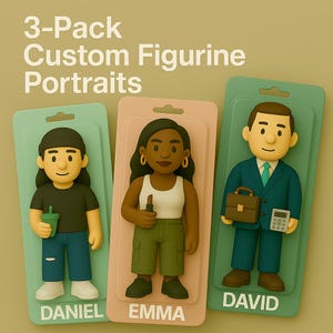 DIGITAL 3-Pack Custom Figurine Portraits – Personalized Starter Pack with Accessories – Unique Digital Gift for Collectors & Friends