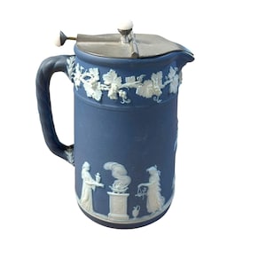 Antique Wedgwood Cobalt Blue Jasperware Syrup Jug Martin's Push Button Lid