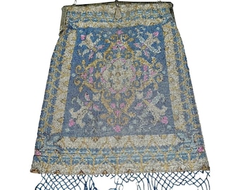 Antique 1920s Art Deco Micro Beaded Fringe Purse Blue Rose Gold Medallion As Is