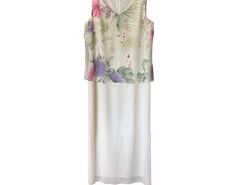 Y2K Ivory Floral Formal Dress Size XL 16 18 Vintage Chiffon Maxi Wedding Guest
