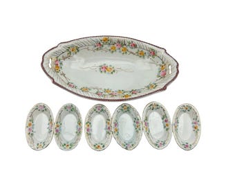 アンティーク 日本製 手描きセロリ皿と塩入れ6個セット 花柄 金色