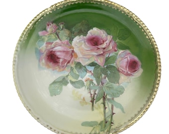 Antik Moschendorf Bavaria handmålad rostallrik 30 cm stor grönguld laddstation