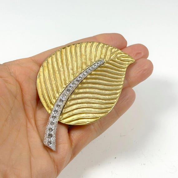 KJL Kenneth Jay Lane Rhinestone Leaf Brooch Brush… - image 2
