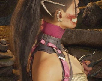 May include: A character with a high ponytail, a shaved side, and a horn-like hair accessory. The character has a wide, toothy mouth injury, wearing a magenta and dark gray bodice with metallic accents and holding a curved silver blade weapon.
