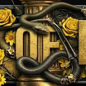 May include: A decorative banner featuring the text "GOD OF FURY" in gold lettering. The design incorporates gold roses, butterflies, and a snake, set against a dark backdrop, creating a dramatic and ornate aesthetic.