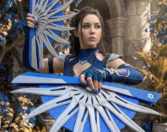Juego de 2 abanicos de Kitana - Accesorios de cosplay de Mortal Kombat - Abanicos plegables de plástico - Réplica de arma de la Princesa Edeniana - Inspirado en MK11