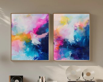 Abstract Art Prints: Bright Color Pop Set (Hot Pink & Teal)