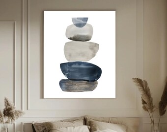 Scandinavian Art, Neutral Colors, Organic Shapes, Coastal Art, Pebbles, Stacked Stones, Blue and Gray, Textured Stones