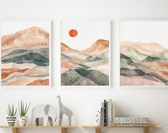 Sun and mountain wall art set of 3 prints, boho wall art, boho art prints, bedroom wall art, mountains landscape, boho sun print, teal blue