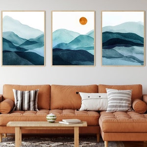 Sun and mountain wall art set of 3 prints, boho wall art, boho art prints, bedroom wall art, mountains landscape, boho sun print, teal blue