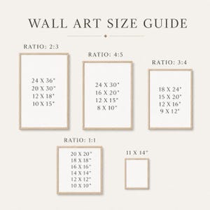 The image is a wall art size guide that provides the dimensions of various artworks in different sizes, ranging from 2x3 to 1x1.