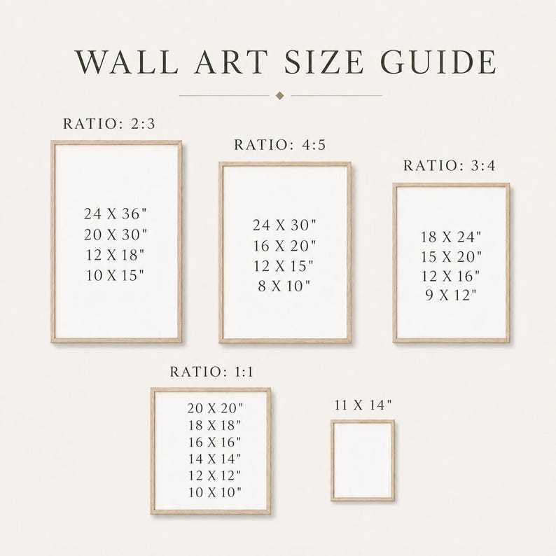 The image is a wall art size guide that provides the dimensions of various artworks in different sizes, ranging from 2x3 to 1x1.